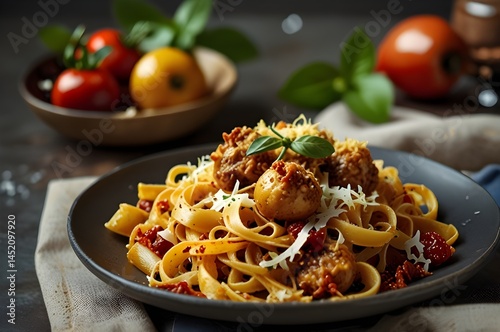 Delicious Pasta Dish with Meatballs and eggs and Fresh Herbs 