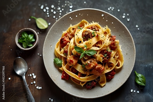 Delicious Pasta Dish with Meatballs and eggs and Fresh Herbs 