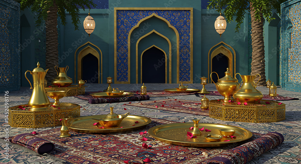 Obraz premium Serene Islamic courtyard setting with ornate gold tableware and festive floral accents