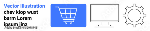Shopping cart, computer monitor, and gearwheel icon highlighting online store, technology, and process themes. Ideal for e-commerce, marketing, analytics, SEO software development and simple