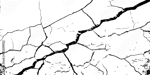 Cracked Surface Grunge Texture Vector. Grunge design crack texture background.  Black Isolated on White Background. Distressed black texture.  Uneven Overlay. Vector Illustration