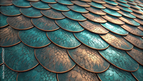 Metallic Fish-Scale Texture with Teal and Copper Overlapping Circular Patterns, Creating a Rich and Intricate Visual Depth for Artistic or Architectural Inspiration