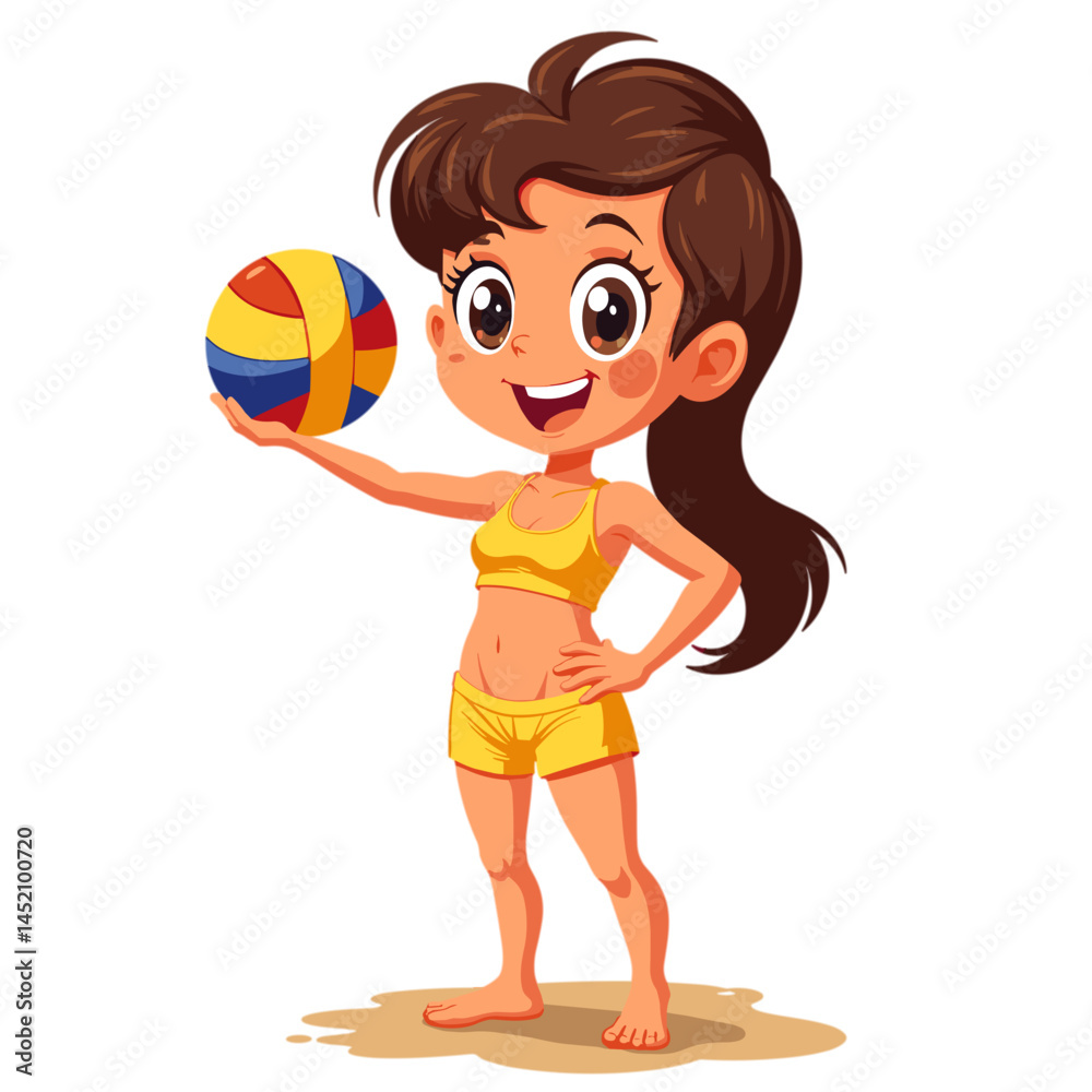 Cheerful girl holding a beach ball in a playful summer setting Cheerful girl holding a beach ball in a playful summer setting