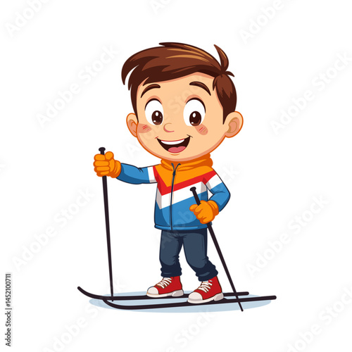 Happy boy skiing in winter sport attire with no background
