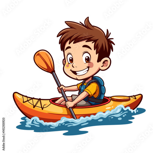 Happy boy kayaking on water with a colorful kayak  