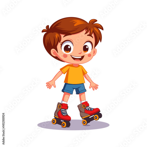 Happy boy roller skating with a playful expression with no background