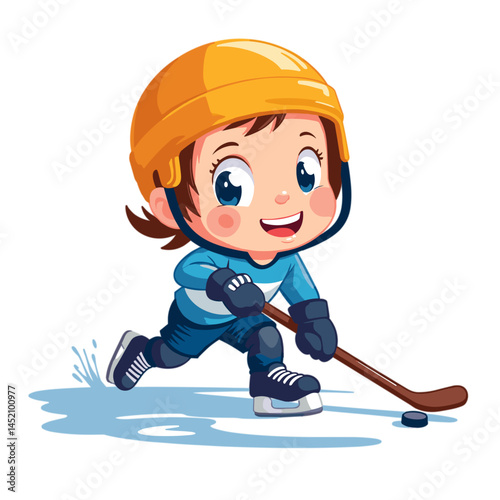 Happy child skating while playing ice hockey  