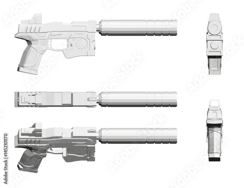 A white gun with a handle and a black barrel. The gun is a toy and is not real