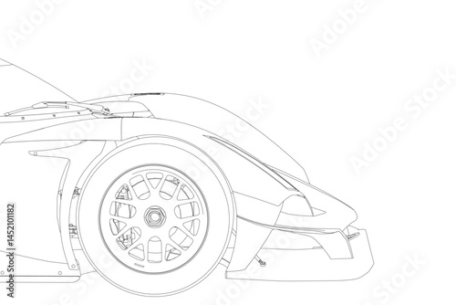 A car is drawn with a black outline and a white background. The car is a sports car with a large wheel and a sleek design. Scene is sleek and modern, with a focus on the car's design and features