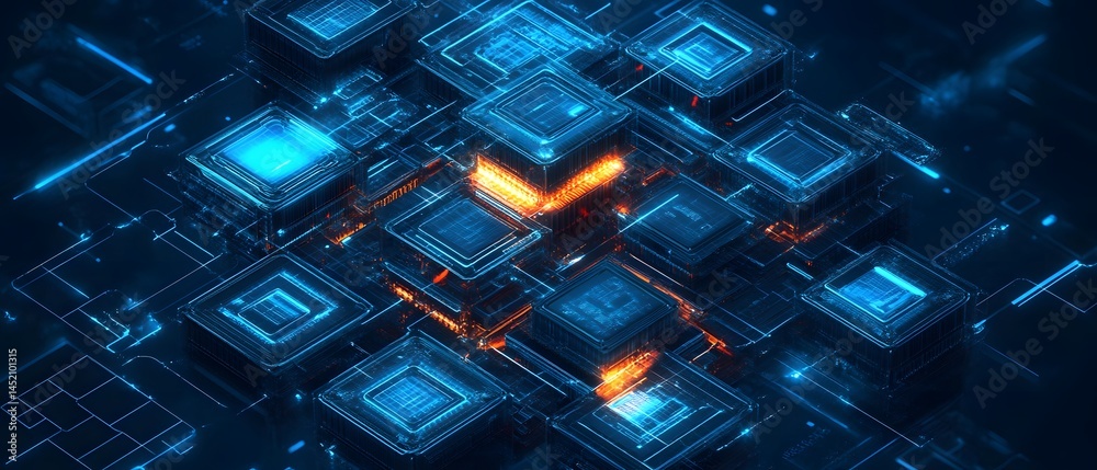Abstract digital circuitry design showcasing interconnected blocks and glowing elements, representing advanced technology and innovation.