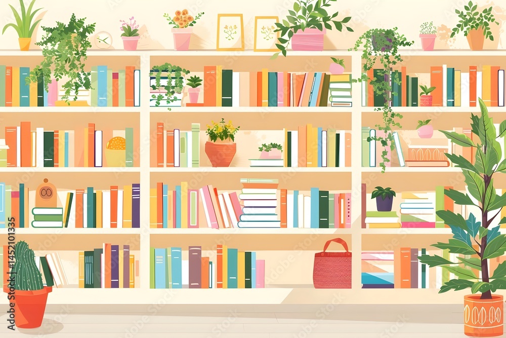 Discover the Serene Beauty of a Home Library Filled with Colorful Books and Lush Potted Plants: A Relaxing Atmosphere for Reading and Reflection, Creating a Peaceful Haven for the Soul.