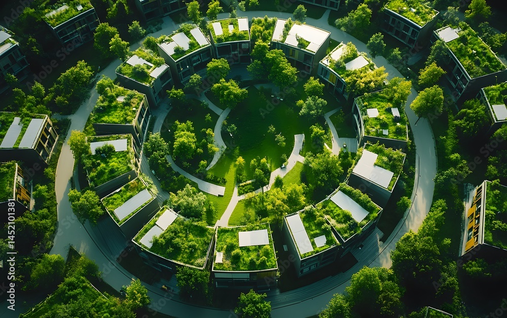 Aerial view of a circular eco-friendly housing complex surrounded by lush greenery, showcasing sustainable architecture and urban planning for a harmonious environment. Aerial view of a circular eco-friendly housing complex surrounded by lush greenery, showcasing sustainable architecture and urban planning for a harmonious environment.