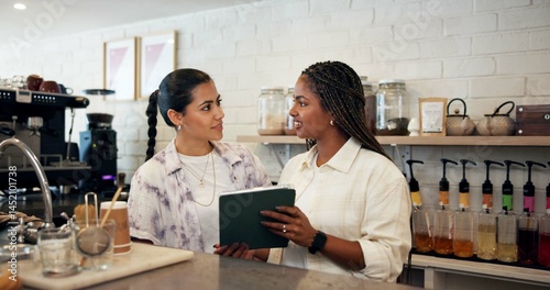 Woman, waitress and meeting on tablet at cafe of menu update, online order and inventory management. Team, staff training and review web, stock information and store checklist of hospitality industry