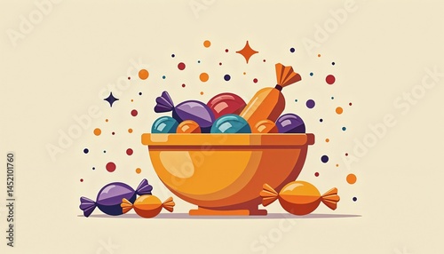 Whimsical cartoon illustration of overflowing orange bowl with colorful objects representing abundance and playfulness