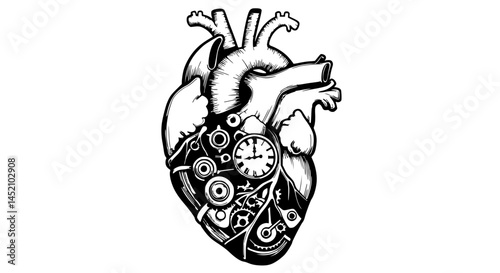 Anatomical heart steampunk illustration in black and white representing time and mechanics of life.