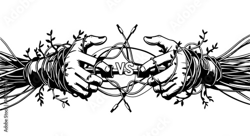 Graphic novel style hands entangled in wires and vines struggling in black and white representing nature versus technology conflict.
