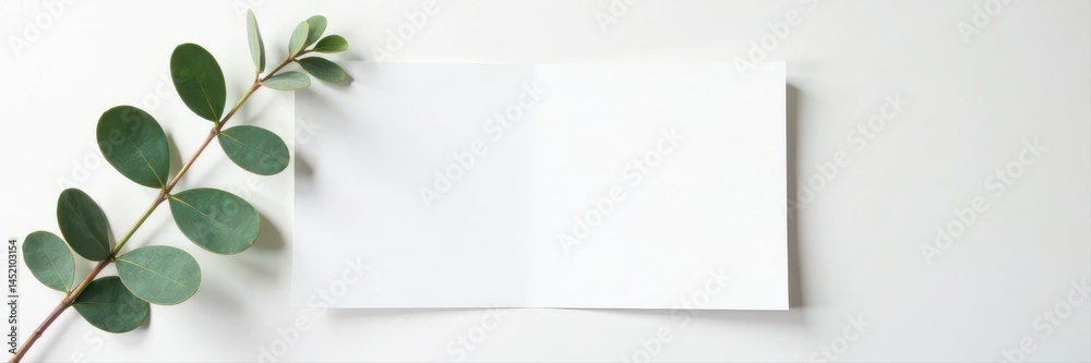 Elegant eucalyptus branch & empty white paper invitation card White background tabletop mockup , leaves, card, flatlay Elegant eucalyptus branch & empty white paper invitation card White background tabletop mockup , leaves, card, flatlay
