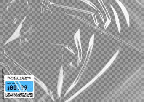 Transparent plastic film texture. Stretchable polyethylene film in A4 size. Plastic stretch cellophane effect with a crumpled and wrinkled texture. Realistic wrapping stretch film. Vector