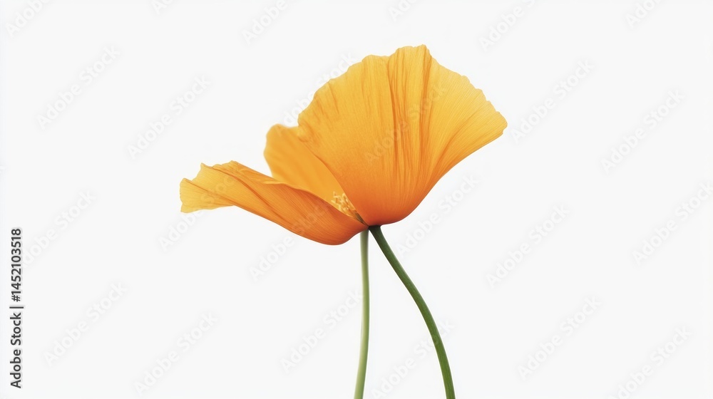 Obraz premium An orange poppy flower rises gracefully with delicate petals highlighted against a bright white backdrop, capturing the beauty of nature in a tranquil moment