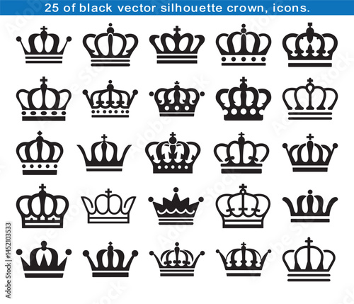 Royal Crown Icon Set - Collection of Black Silhouette Crown Symbols Isolated on White Background
