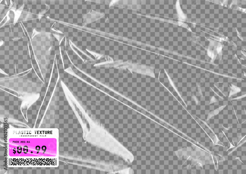 Transparent plastic film texture. Stretchable polyethylene film in A4 size. Plastic stretch cellophane effect with a crumpled and wrinkled texture. Realistic wrapping stretch film. Vector