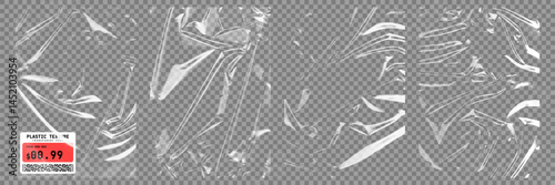 Transparent plastic film texture. Stretchable polyethylene film in A4 size. Plastic stretch cellophane effect with a crumpled and wrinkled texture. Realistic wrapping stretch film. Vector