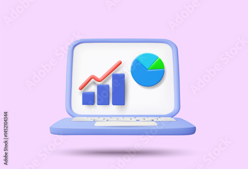 3D illustration vector render of laptop screen icon showing uptrend bar graph and circle graph. Concept of financial presentation, data analysis, business report, online trading.