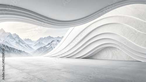 Ultra-Modern Architectural Space with Seamlessly Flowing Wave-Like Walls and Ceiling, Sculptural Curves, and Minimalist White Surfaces for a Futuristic and Elegant Atmosphere