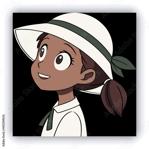Cute girl with braids, wearing a hat adorned with flowers and ladybug, surrounded by colorful garden blossoms.