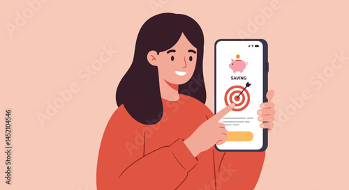 Young woman smiling, excited, pointing at savings app on smartphone
