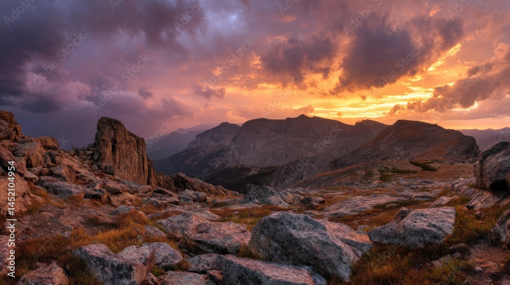 Fototapeta premium Breathtaking Sunset Over Majestic Mountains and Rocky Landscape