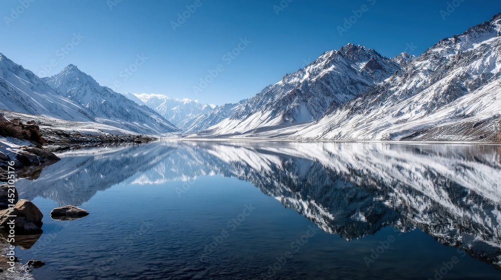 Fototapeta premium Serene Winter Landscape with Snow-Capped Mountains and Reflection