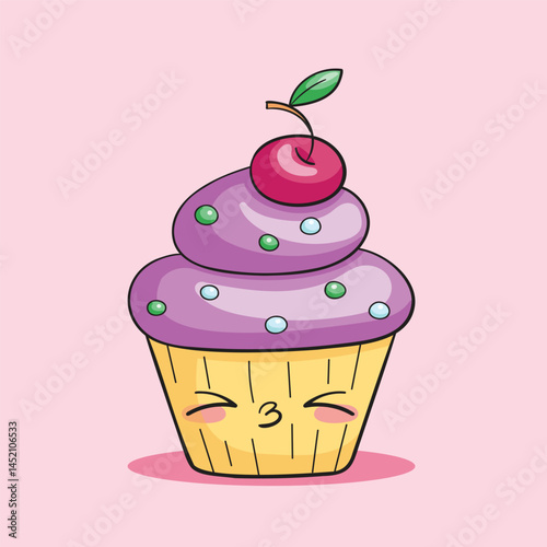 Charming sweet kawaii cupcake with purple cream and cherry. Cute doodle-style character