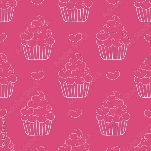 Seamless pattern with the contour of a cupcake with cream on a pink background with hearts