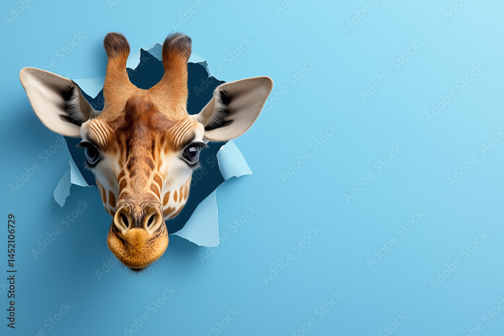 Obraz premium Giraffe peeking through a blue wall creating a whimsical effect