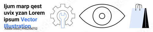 Gear for technology, eye for vision or surveillance, shopping bag for commerce. Ideal for technology, innovation, marketing, online shopping, customer service, branding simple landing page