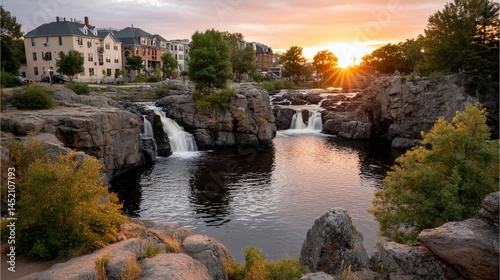 Picturesque falls cascade into tranquil river