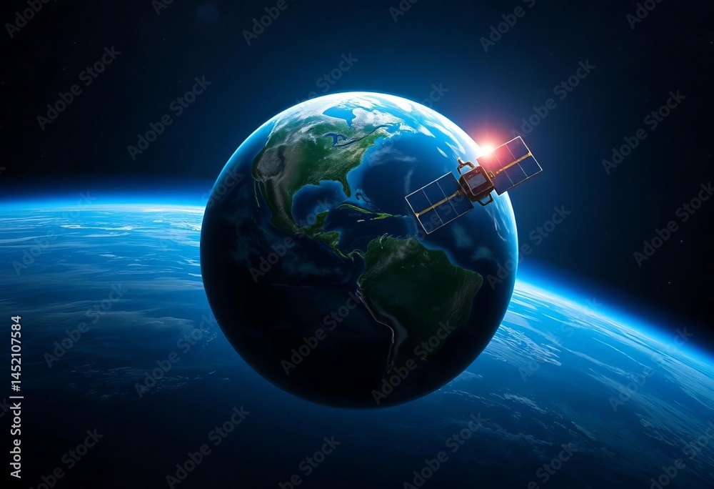 Naklejka premium A lone satellite orbits Earth, the blue planet a vibrant backdrop, satellite imagery, exploration