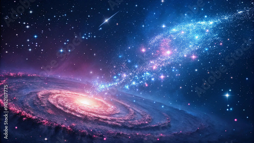 Cosmic Spiral Galaxy with Glowing Center and Swirling Arms of Stars and Dust, Extending into a Stream of Celestial Matter Against a Vast Starlit Background