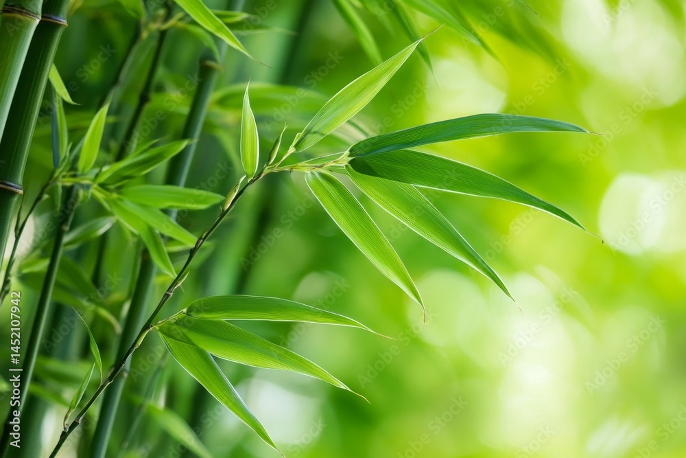 Obraz premium Lush green bamboo leaves and stems in a close-up view.