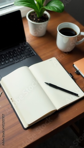 Open notebook, coffee, desk essentials, overhead shot, mug, planning, still life