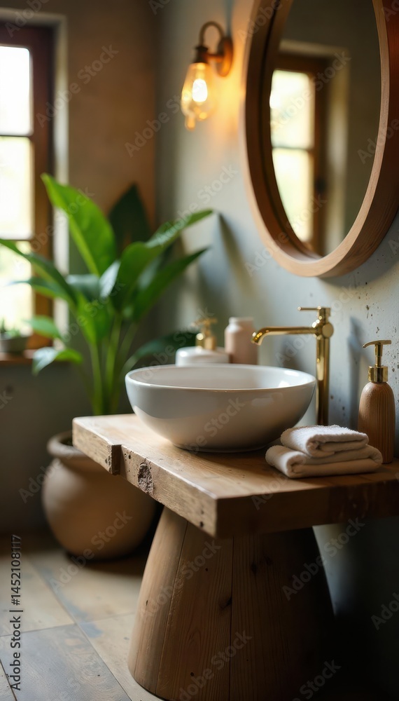 Blurred bathroom, rustic wooden pedestal table showcasing products, display stand, minimal Blurred bathroom, rustic wooden pedestal table showcasing products, display stand, minimal
