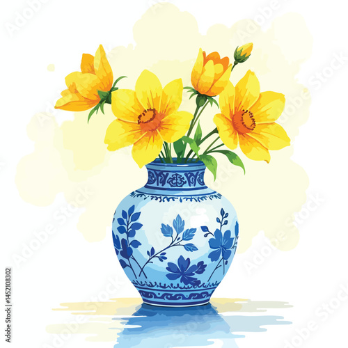 yellow flowers in  beautiful blue design vase