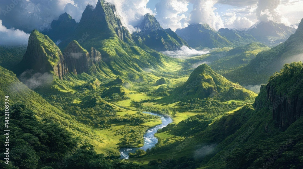 Obraz premium Lush green valley with river winding through mountain range, scenic view.