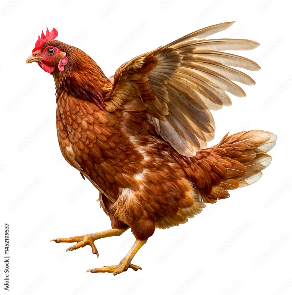 Fototapeta premium Flapping brown chicken with open wings in motion, isolated on a transparent background