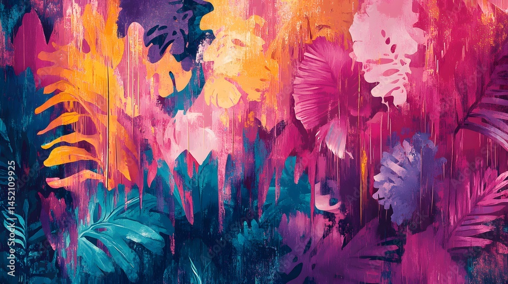 A painting of a tropical forest with many different colored leaves. The painting is full of bright colors and has a lively, energetic feel to it A painting of a tropical forest with many different colored leaves. The painting is full of bright colors and has a lively, energetic feel to it