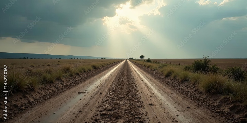 Fototapeta premium A solitary dirt road stretches towards a sunlit horizon, flanked by wild grasses under a dramatic sky