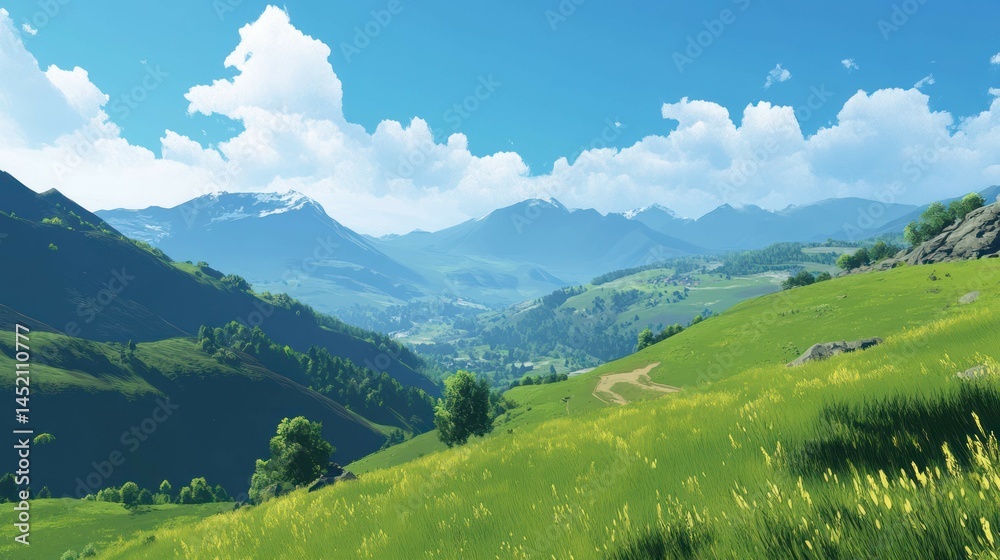 Scenic landscape with mountains, green hills, and a beautiful blue sky.