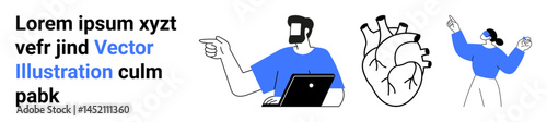 Person with laptop, anatomical heart, gesturing figure, and placeholder text. Ideal for education, teamwork, creativity, anatomy, technology communication flat landing page banner
