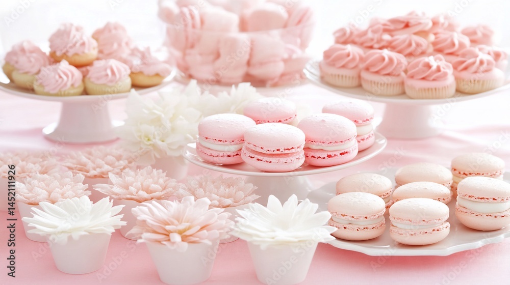 Elegant Pink Dessert Table: Macarons, Cupcakes, and Flowers Elegant Pink Dessert Table: Macarons, Cupcakes, and Flowers